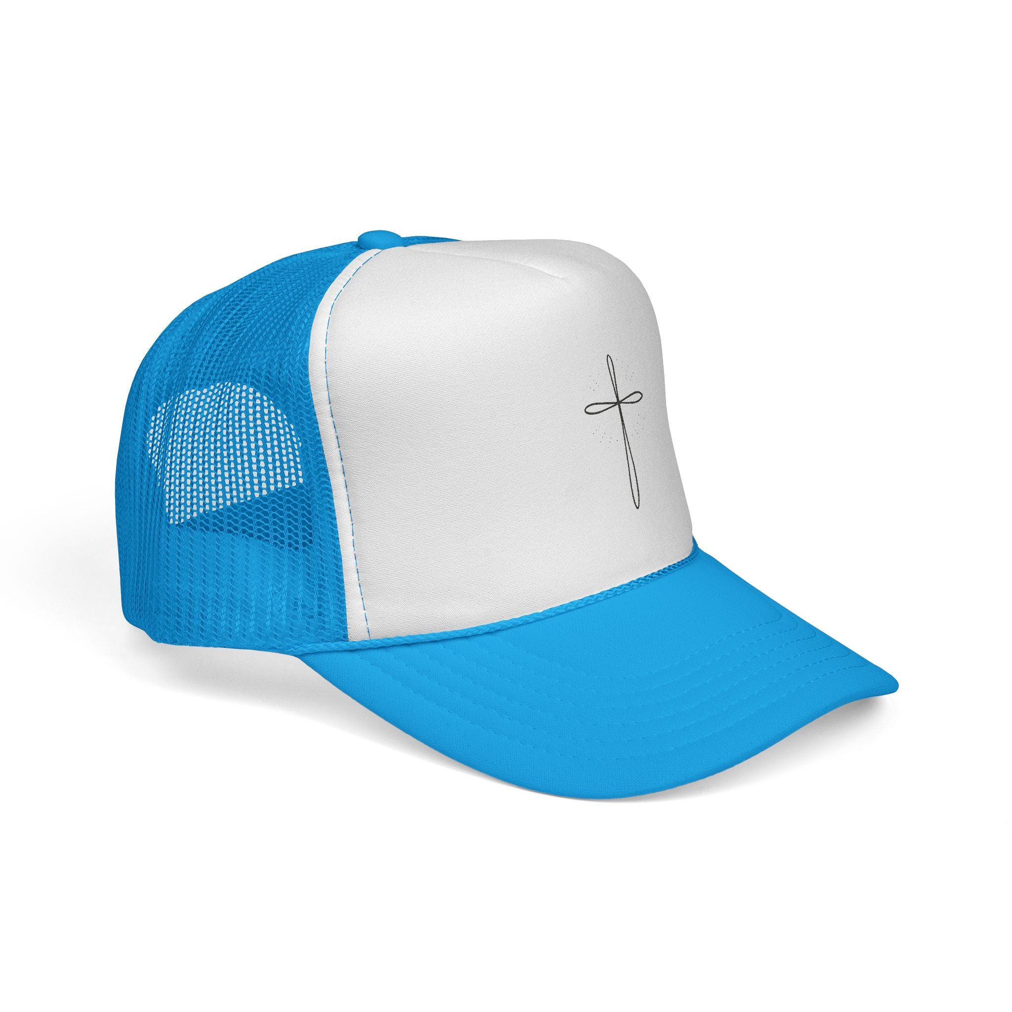 Blue and white cap with a cross design on a white background