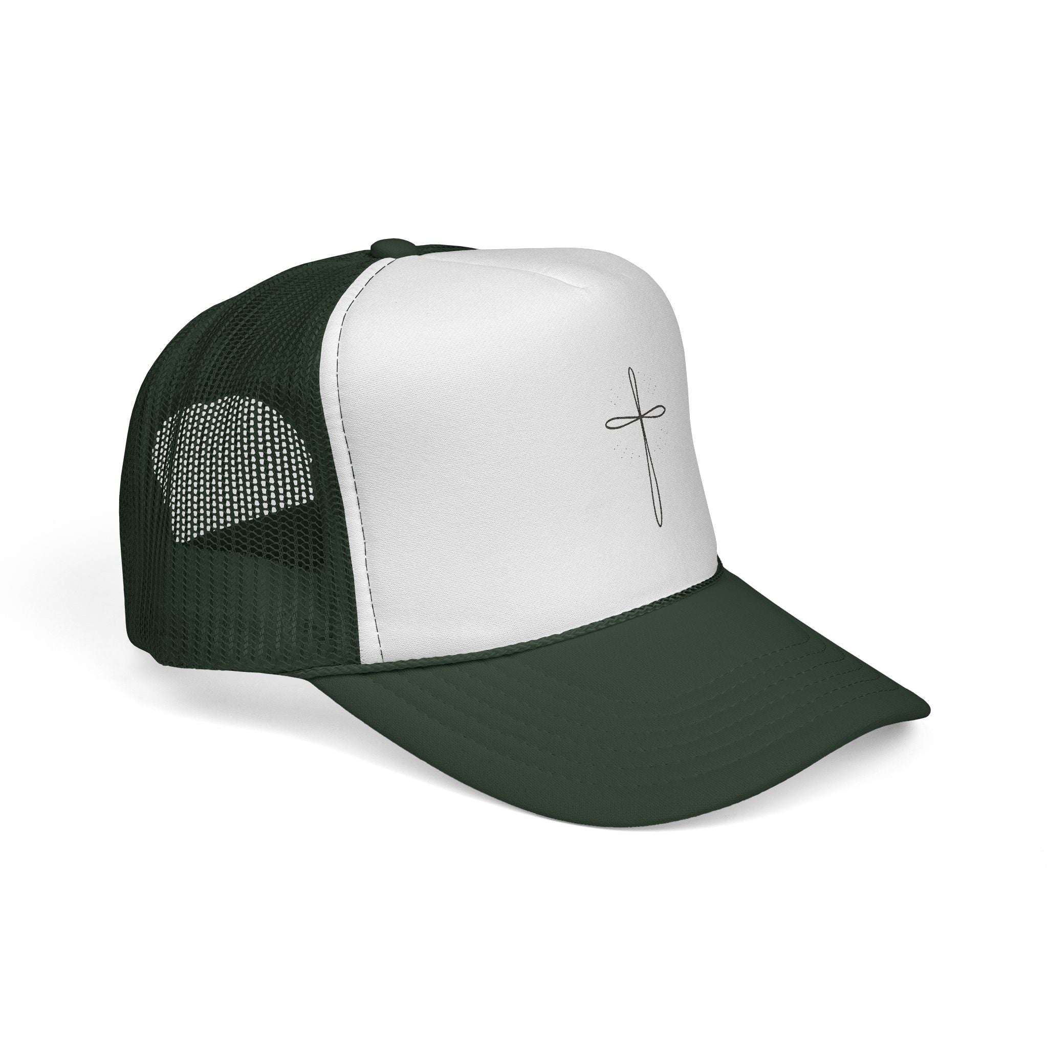 Green and white cap with a cross design on a white background