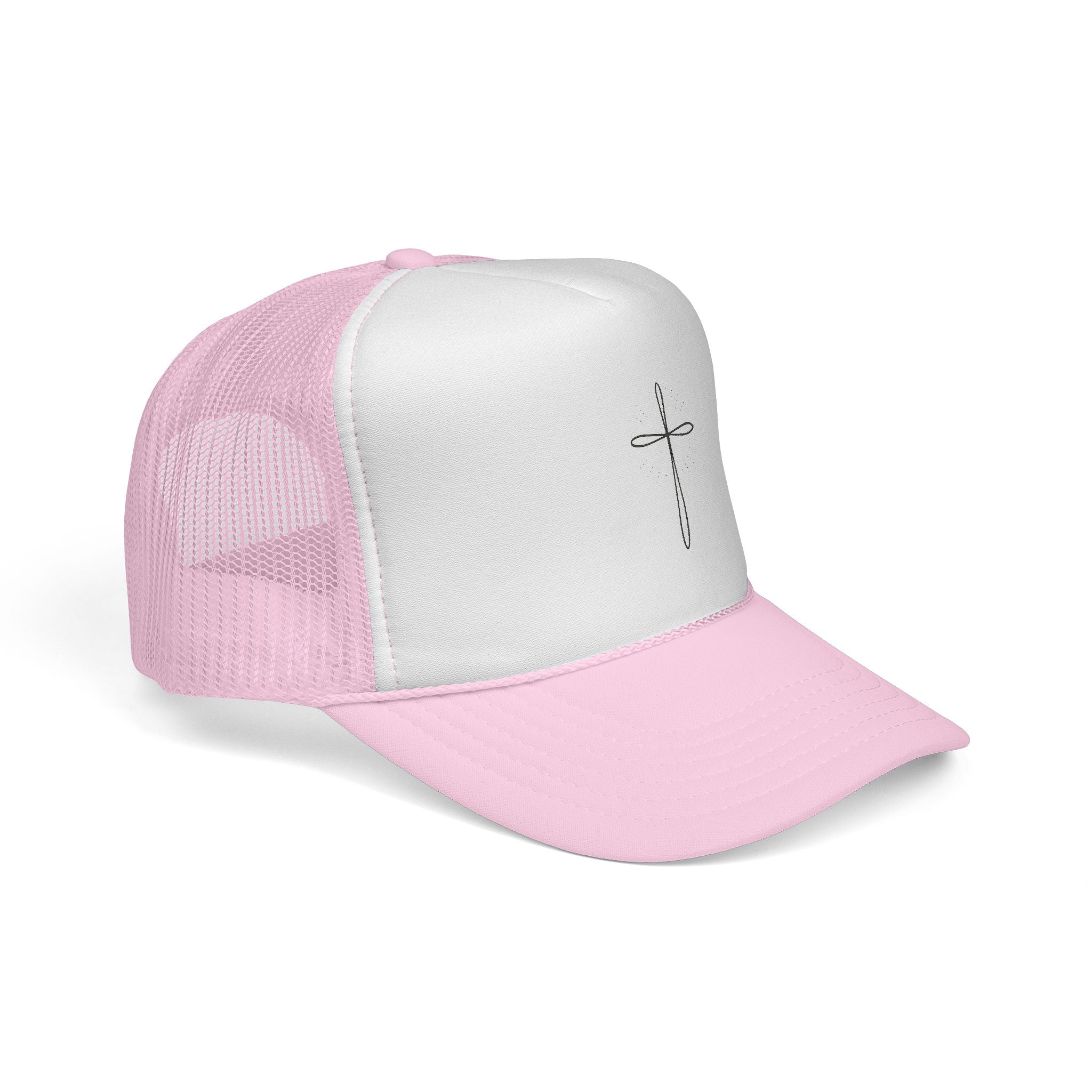 Pink and white trucker cap with a cross design on a white background