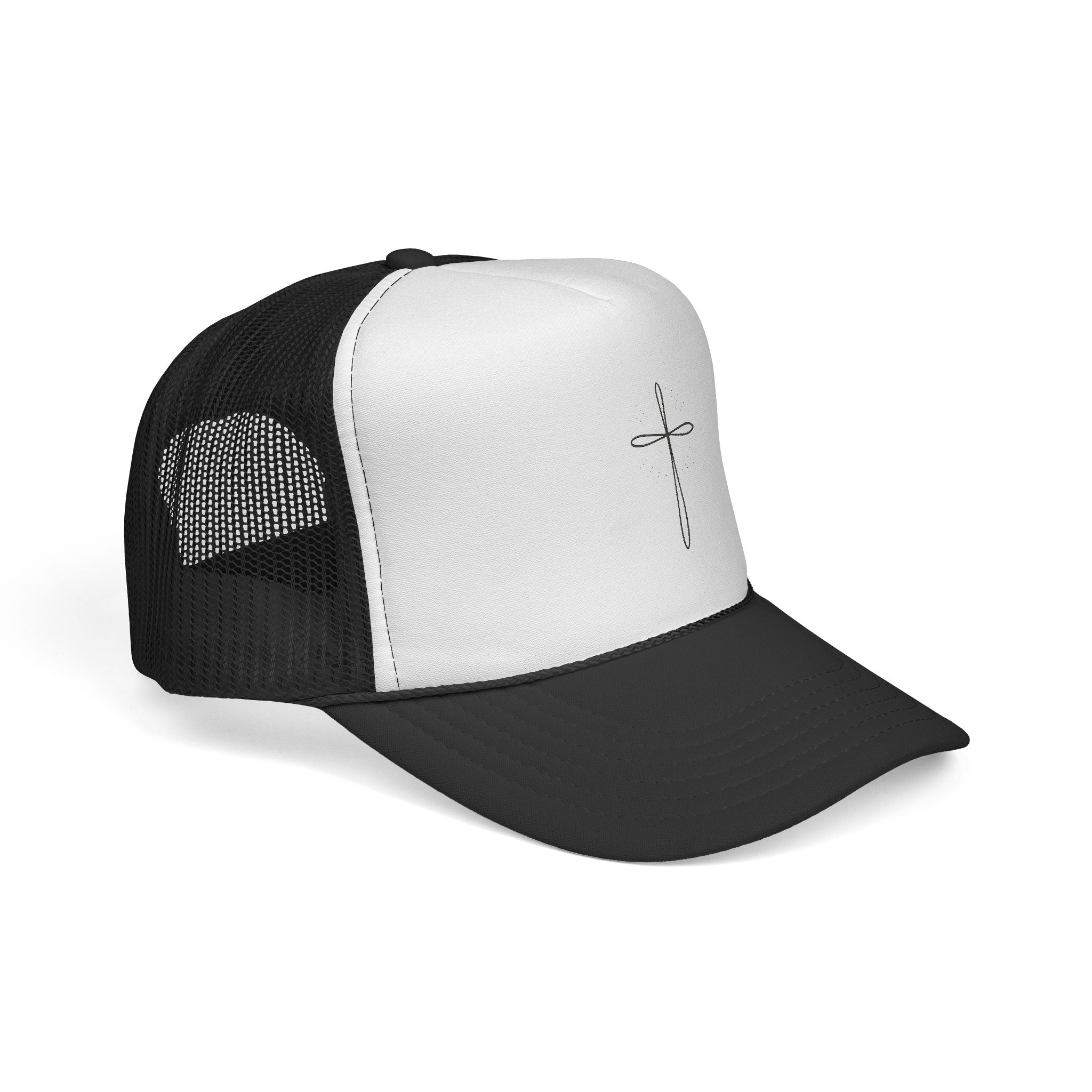 Black and white trucker cap with a cross design on a white background
