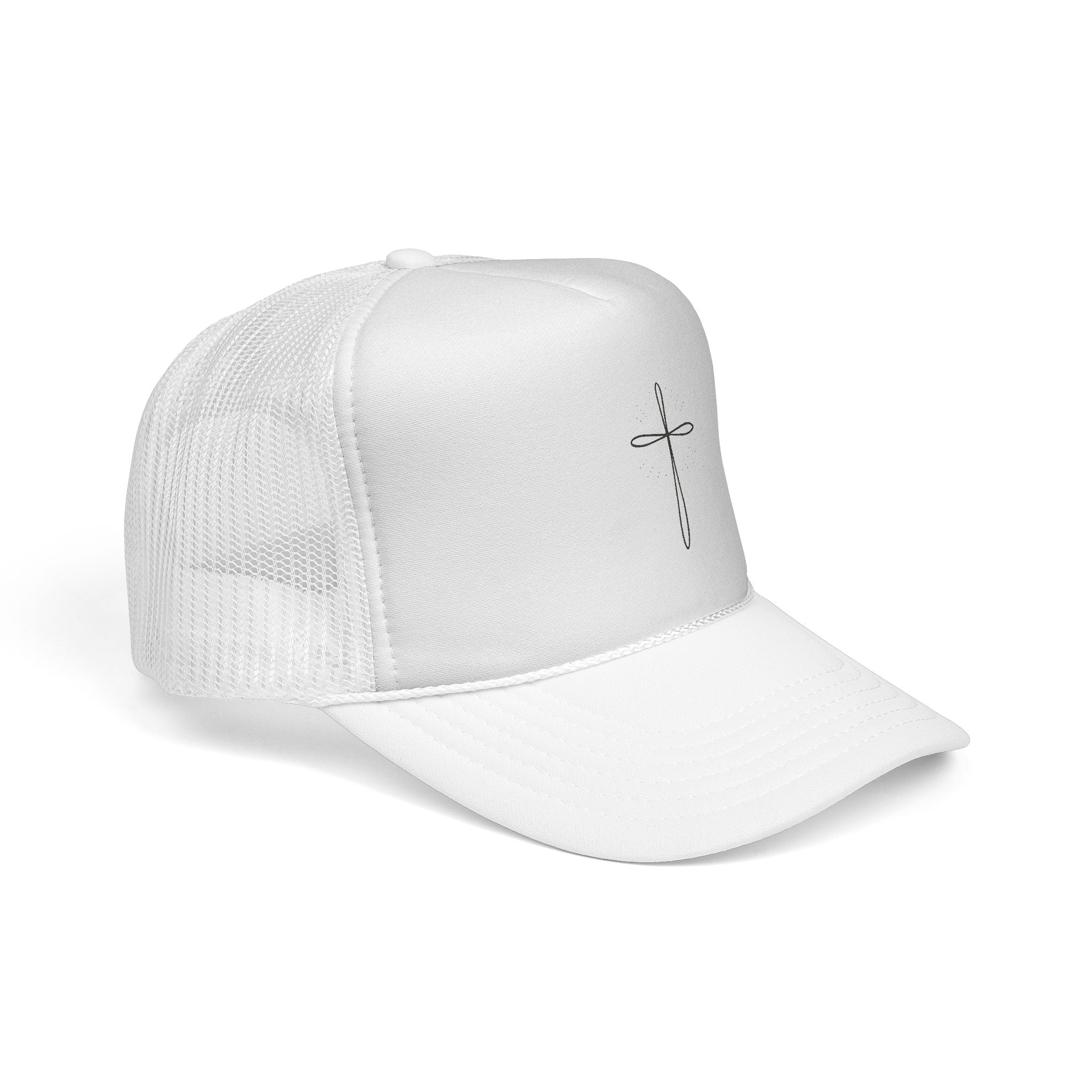 White trucker cap with a small black cross on a white background